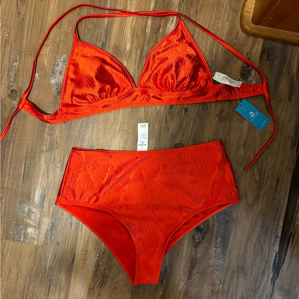 CupShe Size L “Textured Back Tie Bikini Top & High-Rise Bottoms Set”
